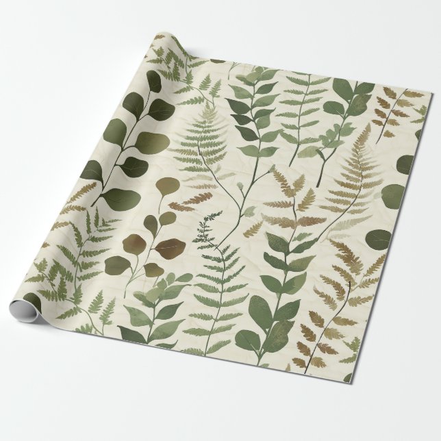 Botanical Pressed Leaves Pattern – Fern Print Wrapping Paper (Unrolled)