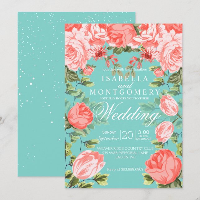 Botanical  Pretty Teal and Coral Floral Wedding Invitation (Front/Back)