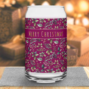 Botanical Print Christmas Deep Red Personalised Can Glass