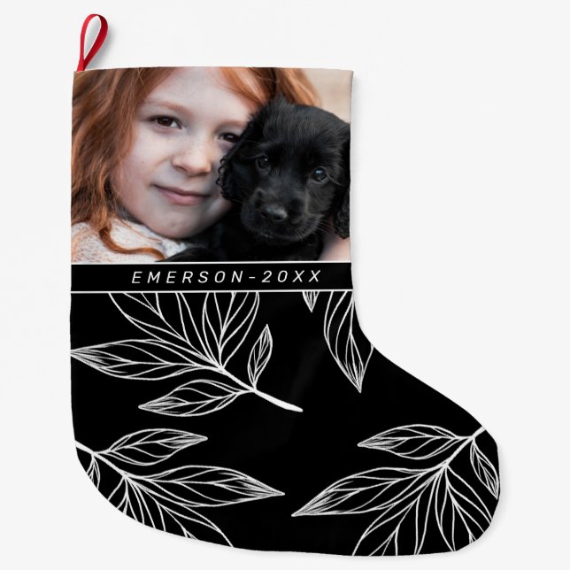 Botanical Print with Photo and Name Black Large Christmas Stocking (Front)