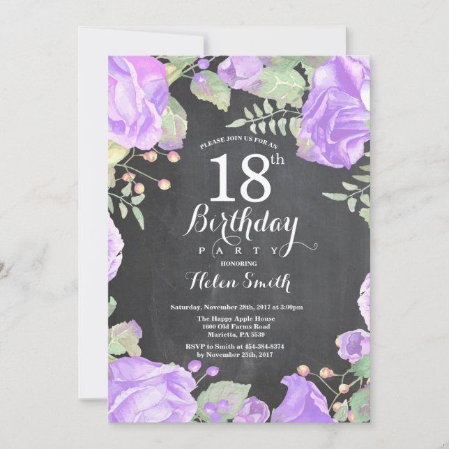 Botanical Purple Floral 18th Birthday Invitation (Front)