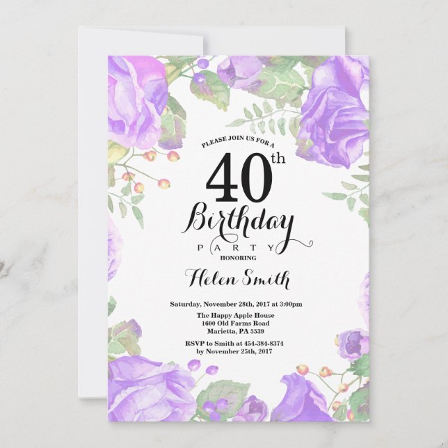 Botanical Purple Floral 40th Birthday Invitation (Front)