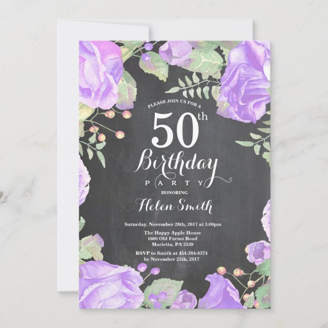 Botanical Purple Floral 50th Birthday Invitation (Front)