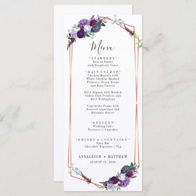 Botanical Purple Floral Geometric Elegant Wedding Menu (Front/Back)