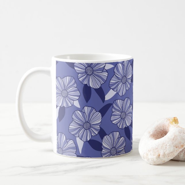 Botanical Purple Floral Line Art  Coffee Mug (With Donut)