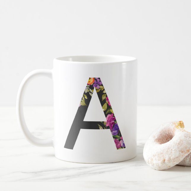 Botanical Purple Flowers Letter A Monogram Coffee Mug (With Donut)