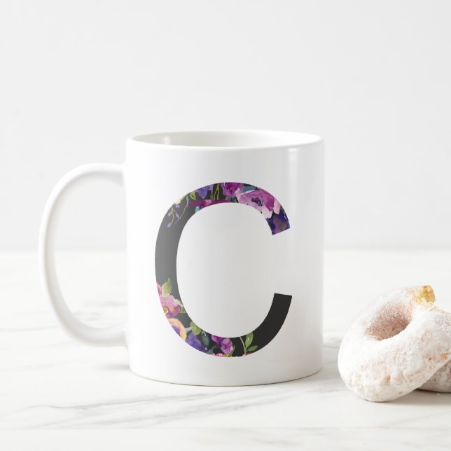 Botanical Purple Flowers Letter C Monogram Coffee Mug (With Donut)