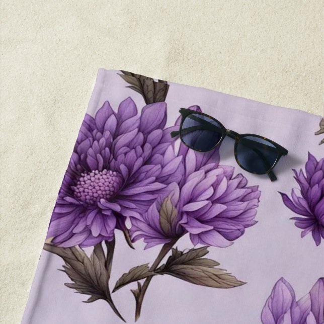 Botanical purple flowers pattern beach towel (In Situ)