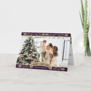 Botanical Purple Gold Photo Christmas Card