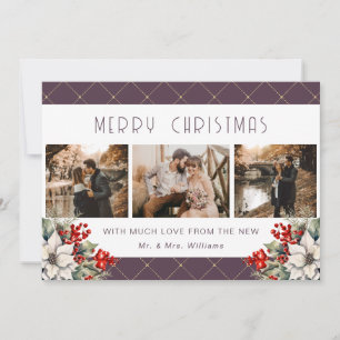 Botanical Purple Merry Christmas Newlywed 3 Photo Holiday Card
