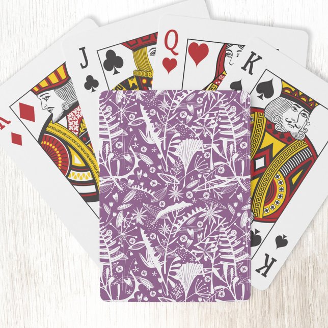 Botanical Purple Modern Playing Cards (Purple and white botanical silhouette pattern art playing cards)