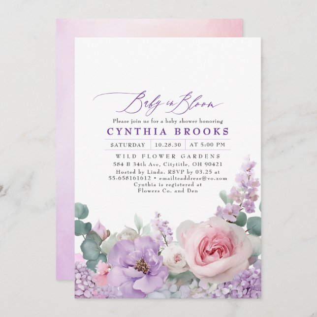 Botanical Purple & Pink Floral Boho Baby Shower Invitation (Front/Back)