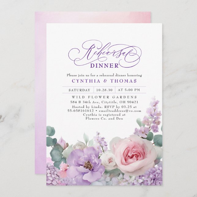 Botanical Purple Pink Floral Boho Rehearsal Dinner Invitation (Front/Back)