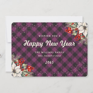 Botanical Purple Plaid Snow New Year Card