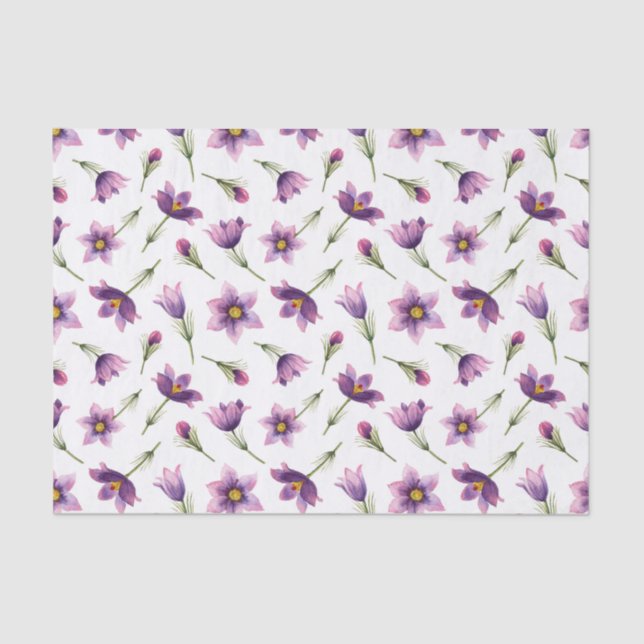 Botanical Purple Watercolor Flowers Pattern Tissue Paper (Front)