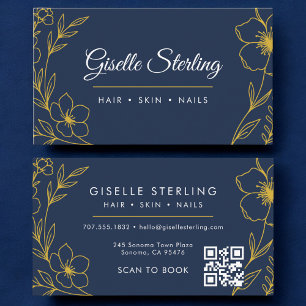 Botanical QR Code Navy Blue Gold Beauty Salon Business Card