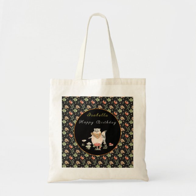 Botanical Racoon Customise Text and Colour Tote Bag (Front)