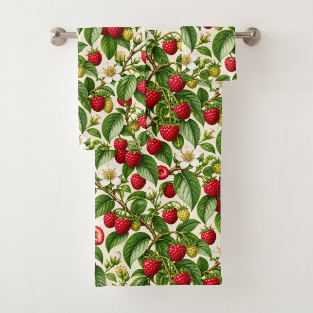 Botanical Raspberry and Blossom Pattern Bath Towel Set (Insitu)