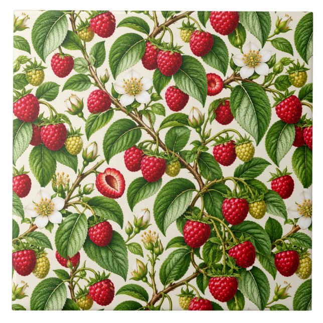 Botanical Raspberry and Blossom Pattern Tile (Front)