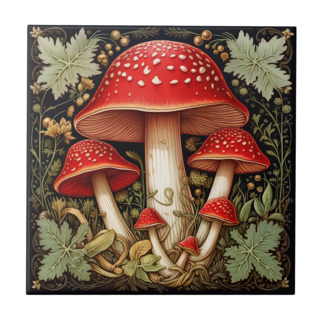 Botanical Red Amanita Muscaria 3D Effect Mushroom Tile (Front)