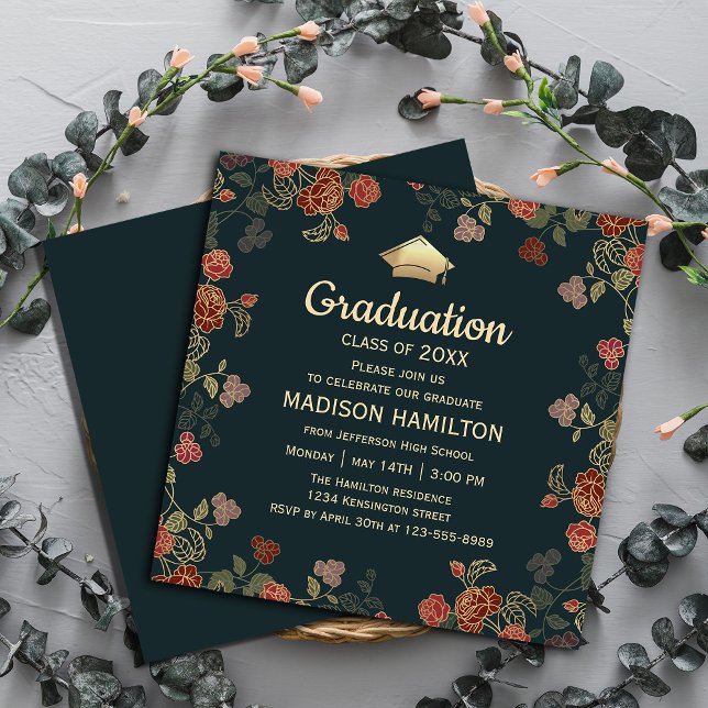 Botanical Red and Gold Graduation Party Invitation (Elegant Red and Gold Graduation Party Invitation #graduationinvitation #botanical #graduate#greenery)
