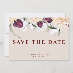 botanical red and white floral arrangement wedding save the date