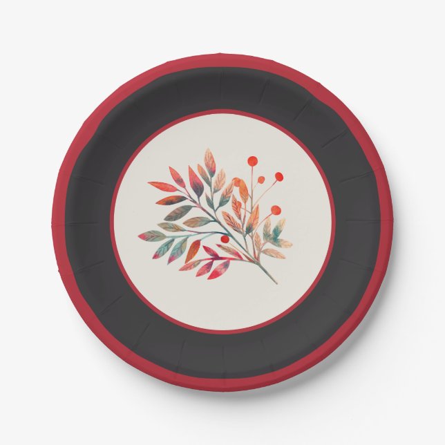Botanical Red Berry Stripe & Leaves Paper Plate (Front)