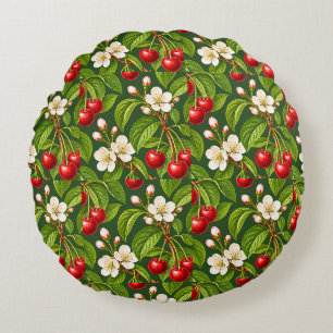 Botanical Red Cherries and White Blossoms Round Cushion