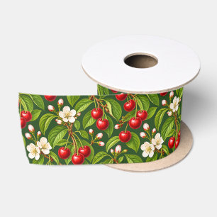 Botanical Red Cherries and White Blossoms Satin Ribbon