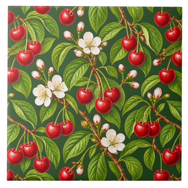 Botanical Red Cherries and White Blossoms Tile (Front)