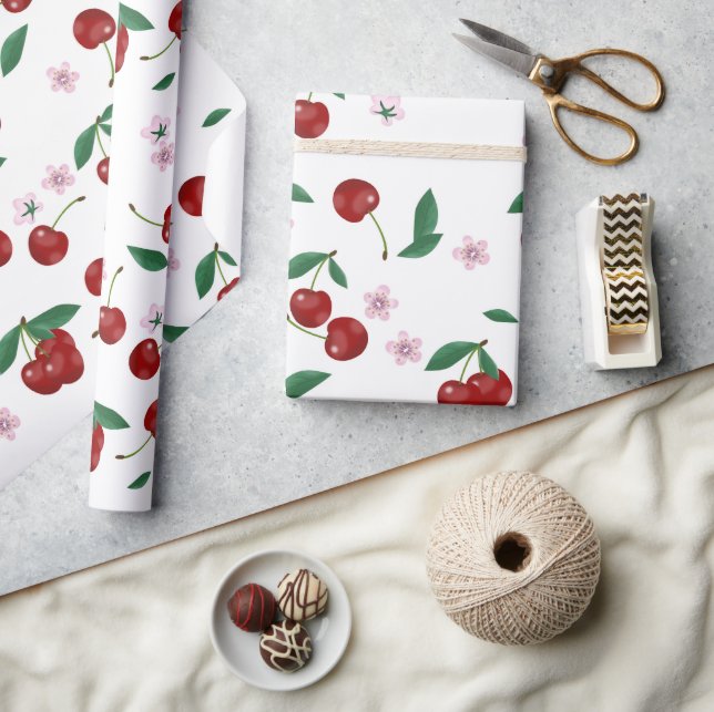 Botanical Red Cherries Greenery & Blossoms  Wrapping Paper (Crafts)