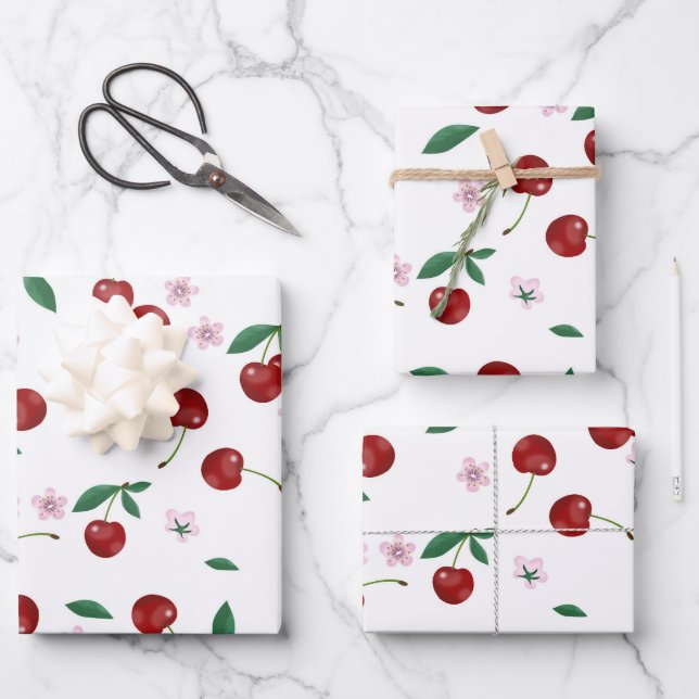 Botanical Red Cherries Greenery & Blossoms  Wrapping Paper Sheet (Front)