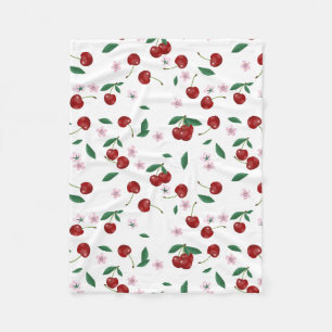 Botanical Red Cherries Greenery & Cherry Blossoms Fleece Blanket