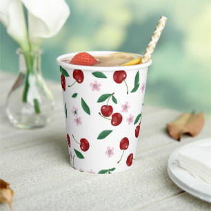Botanical Red Cherries Greenery & Cherry Blossoms  Paper Cups