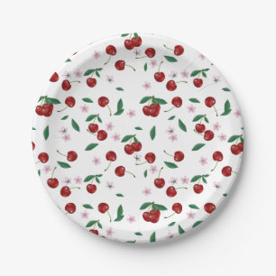 Botanical Red Cherries Greenery & Cherry Blossoms  Paper Plate