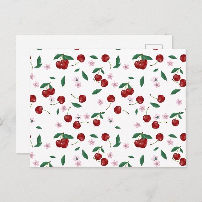 Botanical Red Cherries Greenery & Cherry Blossoms  Postcard (Front/Back)