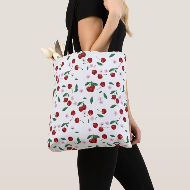 Botanical Red Cherries Greenery & Cherry Blossoms  Tote Bag (Close Up)