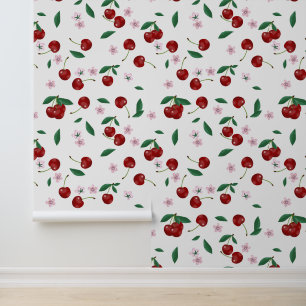 Botanical Red Cherries Greenery & Cherry Blossoms Wallpaper