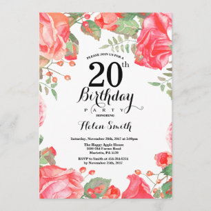 Botanical Red Floral 20th Birthday Invitation