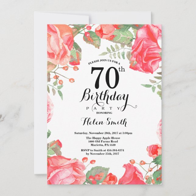 Botanical Red Floral 70th Birthday Invitation (Front)