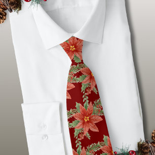 Botanical Red Floral Poinsettia Christmas Holiday  Tie