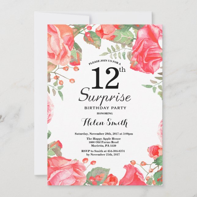 Botanical Red Floral Surprise 12th Birthday Invitation (Front)