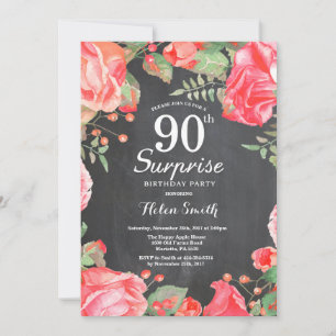 Botanical Red Floral Surprise 90th Birthday Invitation