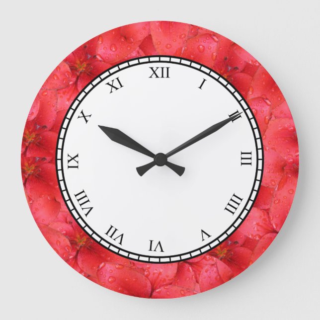 Botanical Red Garden Flower Roman Digits Large Clock (Front)