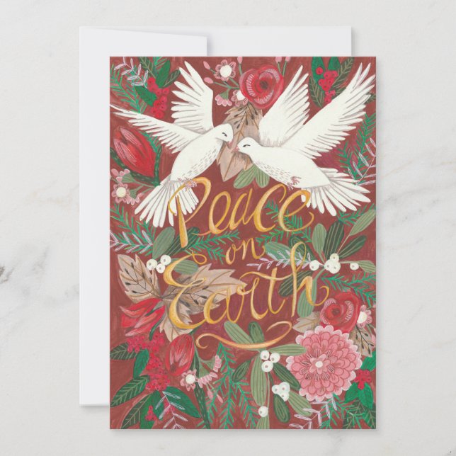 Botanical Red Peace on Earth | Dove Birds Floral Holiday Card (Front)