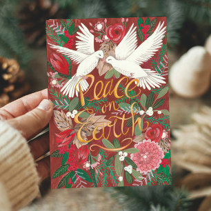 Botanical Red Peace on Earth Dove Birds Floral Holiday Card
