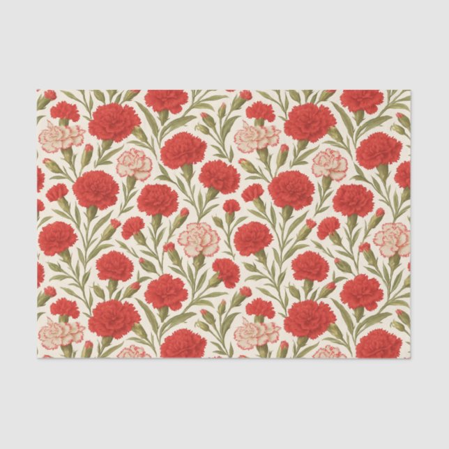 Botanical Red White Carnation Flowers Tissue Paper (Front)