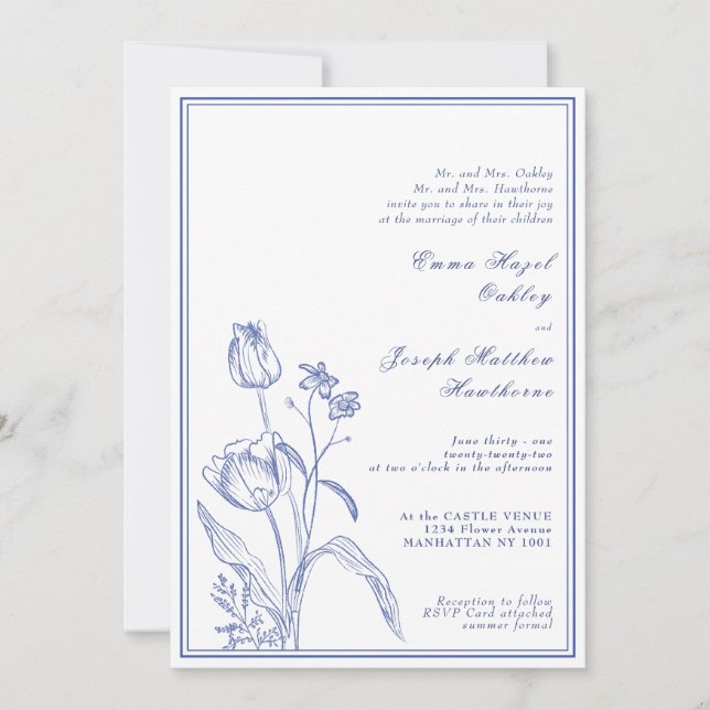 Botanical Regency vintage pastel blue Wedding Invitation (Front)