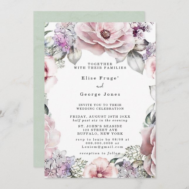 Botanical Rose Gold Floral and Eucalyptus Wedding Invitation (Front/Back)