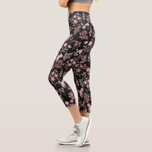 Botanical Rose Gold Flowers Pattern Capri Leggings